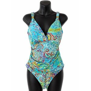 Ralph Lauren One Piece Swimsuit Women Size 12 Aqua Blue Carnival Swirls Paisley